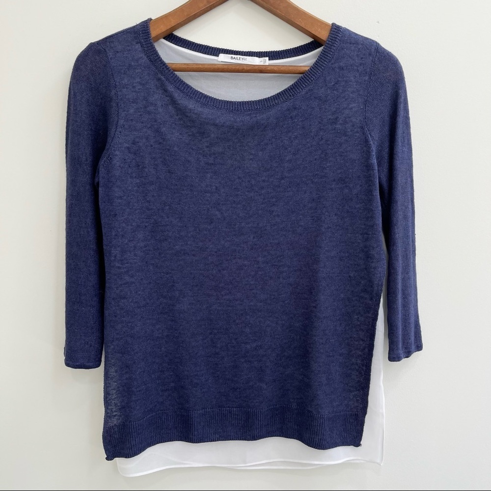 Bailey 44 navy blue linen chiffon layered top side slit size small